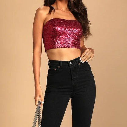 Lulus NWT Alluring Attitude Sequin Strapless Bustier Crop Top Size Large