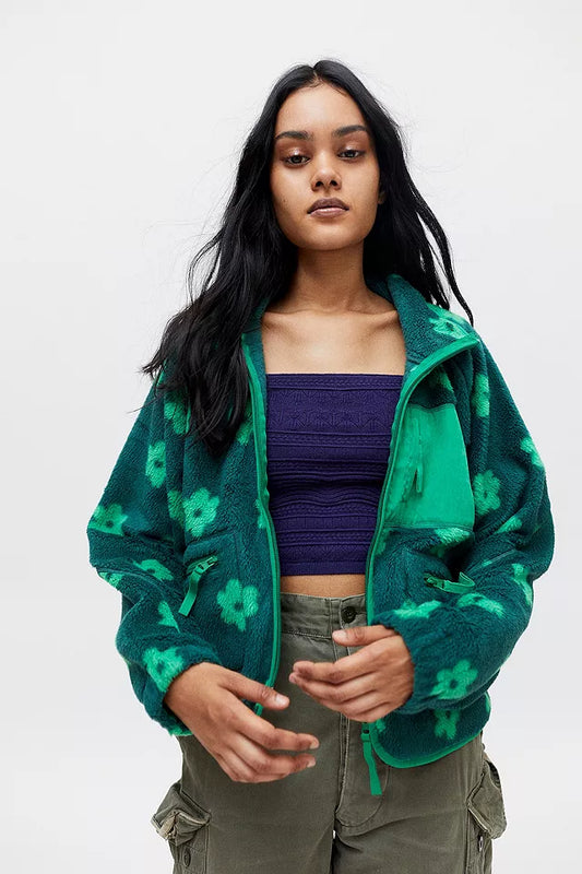 Urban Outfitters Green Floral Fleece Jacket - XS