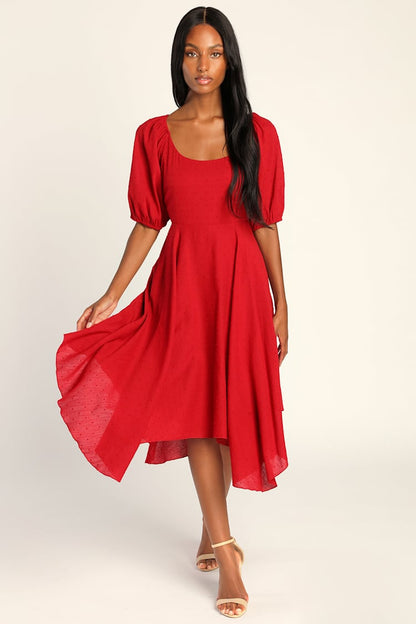 Lulus Completely Smitten Red Swiss Dot Lace-Up Puff Sleeve Midi Dress - Small