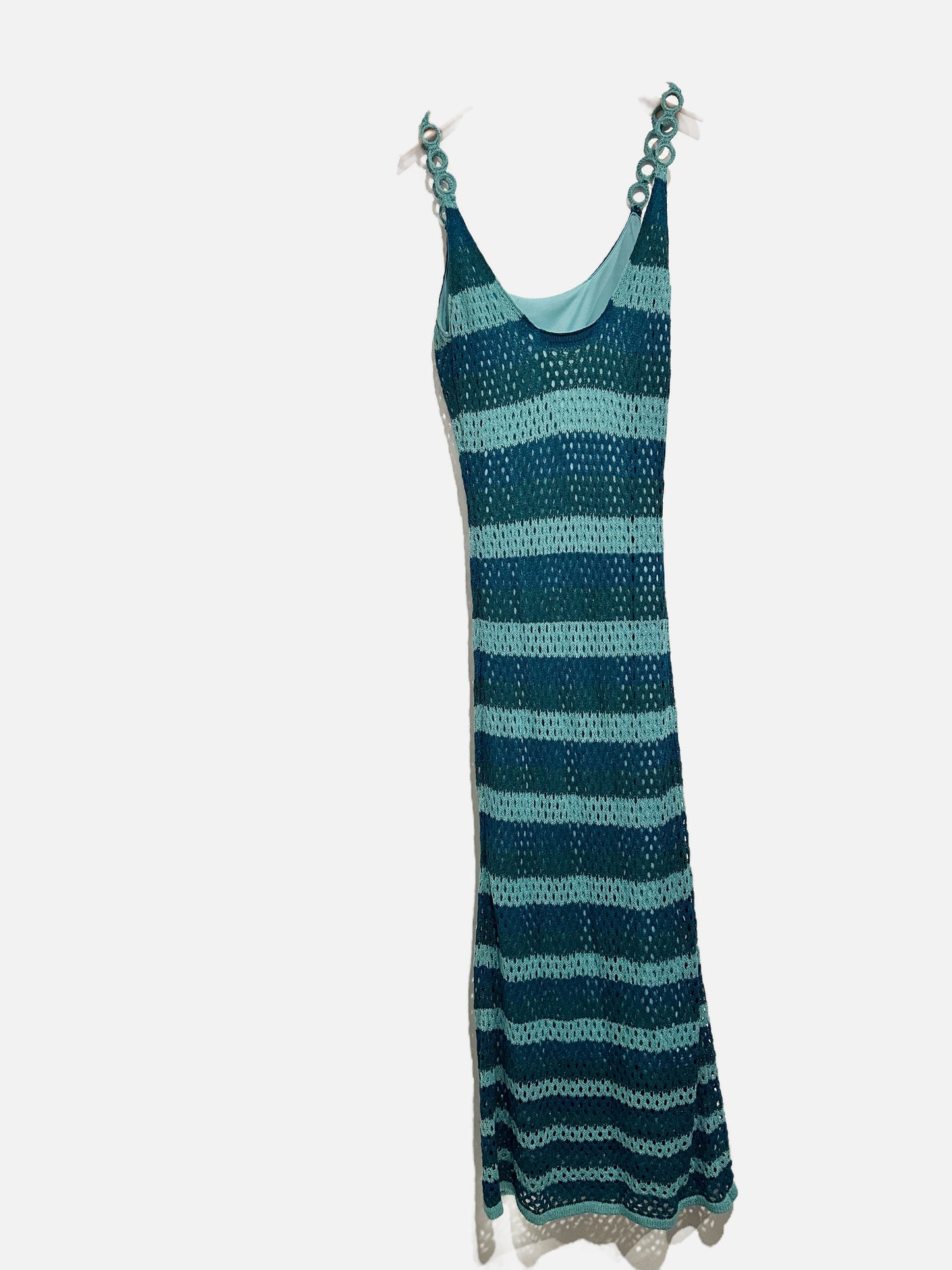 Lulus Picturesque Summer Teal Blue Striped Crochet Midi Dress - Medium