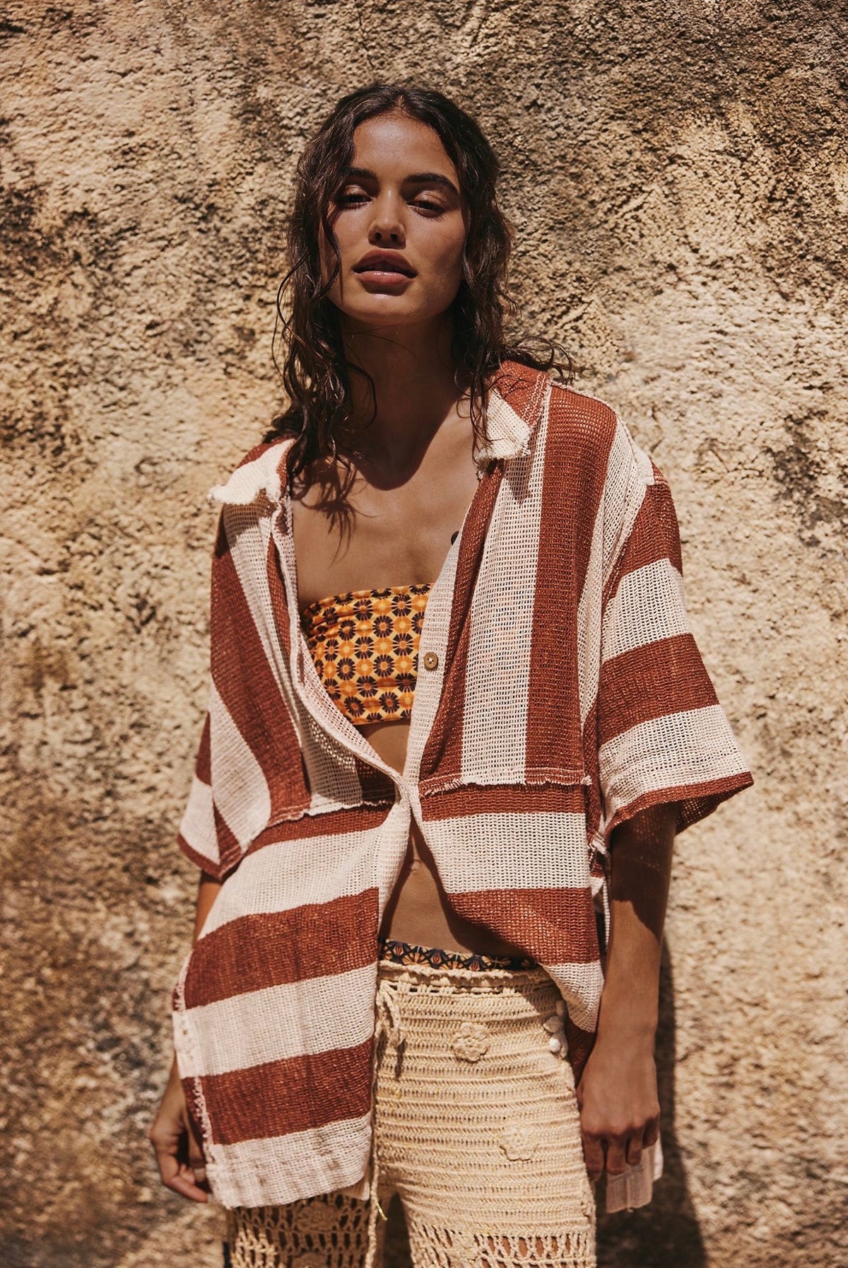 Free People Del Mar Cabana Shirt in Brown Combo - Small