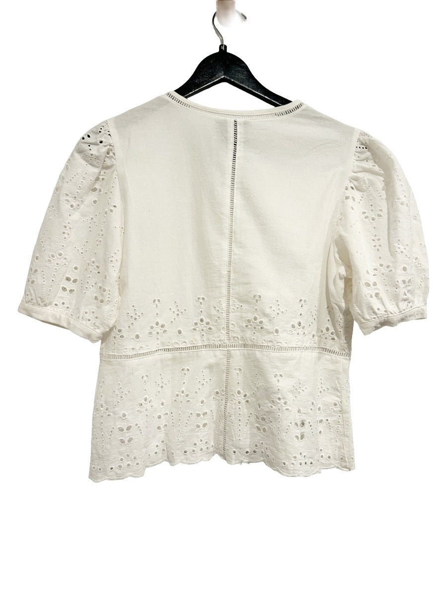 Liv Los Angeles White Floral Pattern Eyelet Blouse - Medium