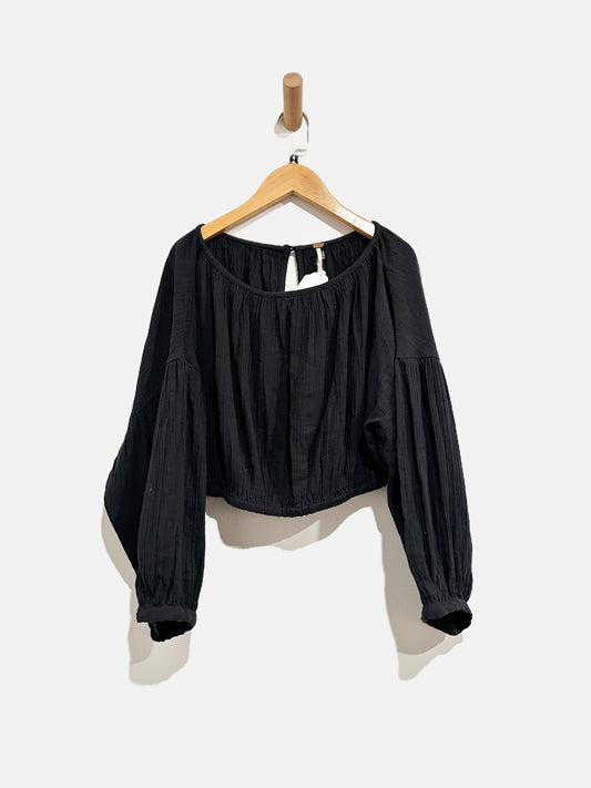 Free People Black Puff Sleeve Crop Top - Medium