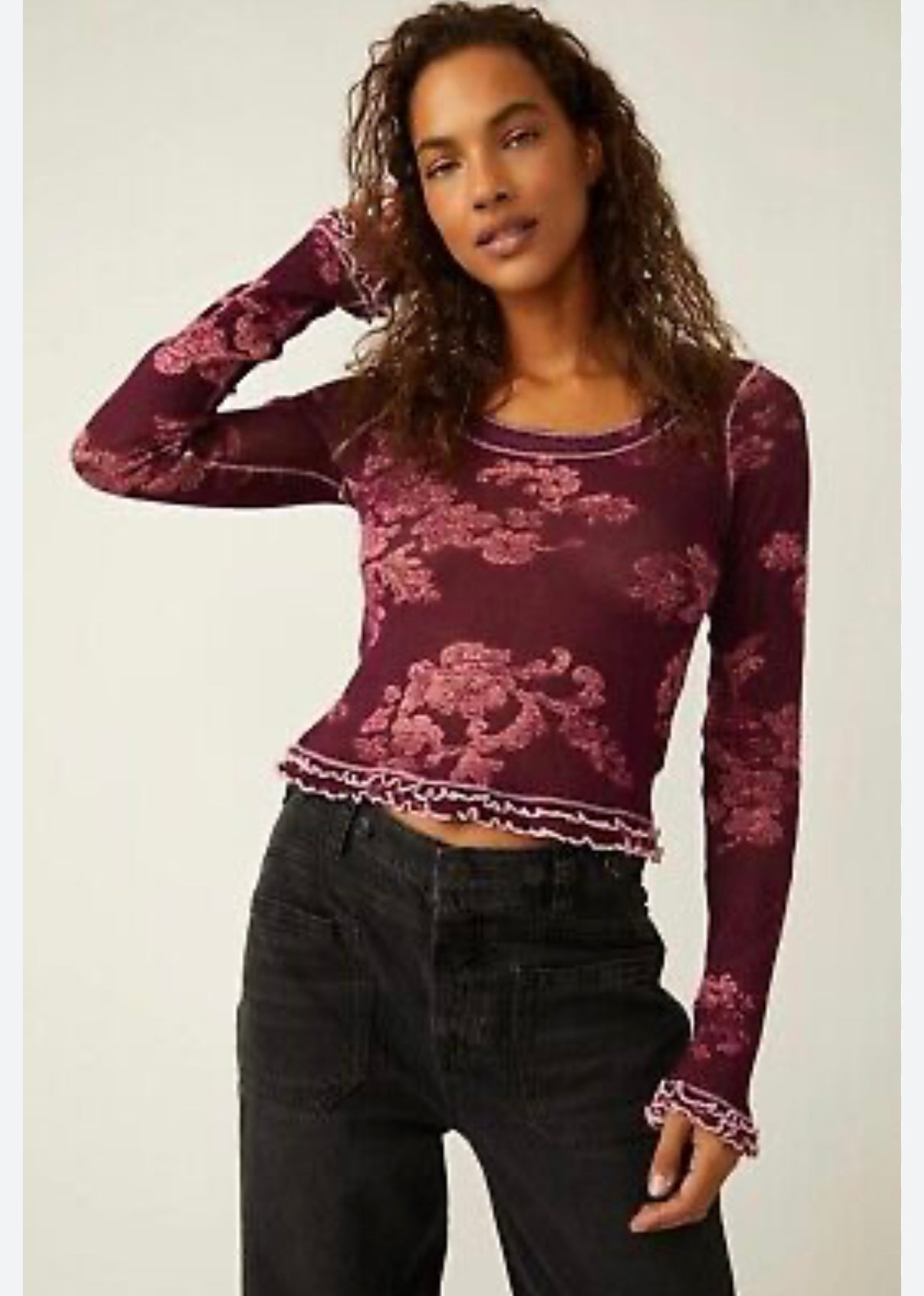 Free People Garner Purple and Pink Floral LS Top - Medium