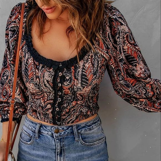 Free People Dare Me Paisley Velvet Blouse Size Large