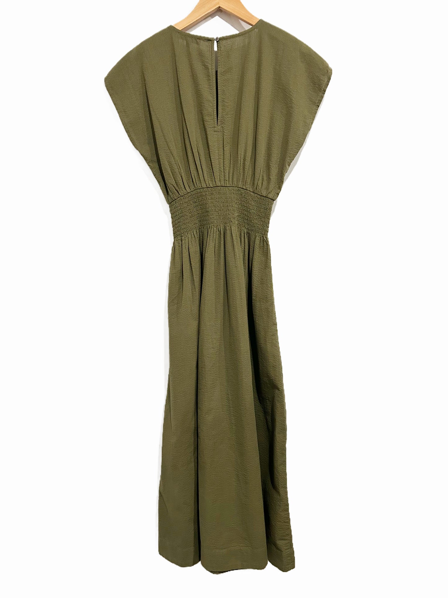 Madewell Smocked-Waist Midi Dress in Stripe Seersucker Desert Olive - XXS