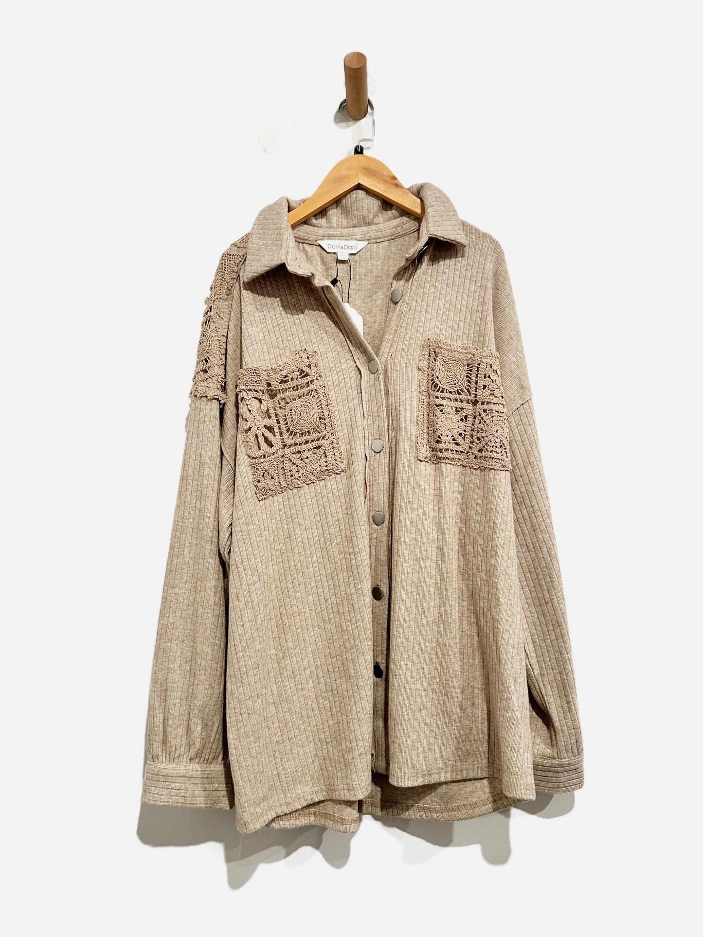 Davi & Dani Brown Crochet Insert Shacket - Large