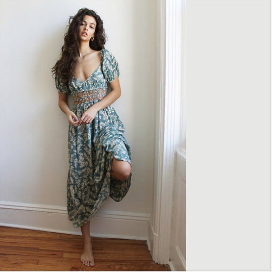 Free People Ellie Floral Print Gauze Maxi Dress in Soft Seafoam- Medium