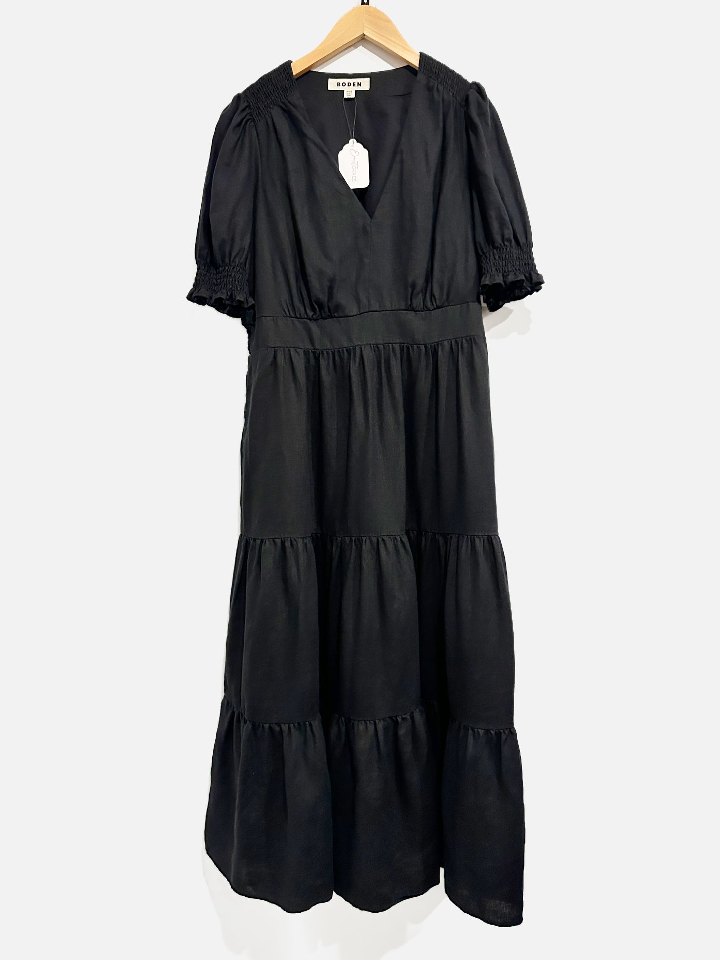 Boden Anna Linen Tiered Midi Dress in Black - 10
