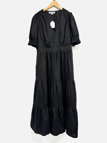 Boden Anna Linen Tiered Midi Dress in Black - 10