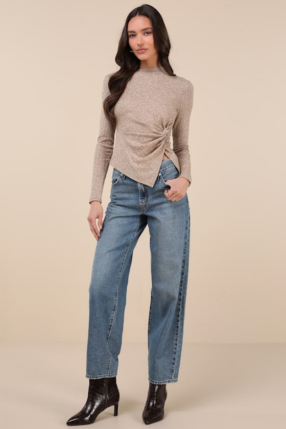 Lulus Trendy Minimalist Heathered Tan Ribbed Knotted Top - Small