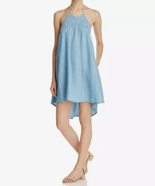 Cloth & Stone Chambray Embroider Halter Mini Dress - Medium
