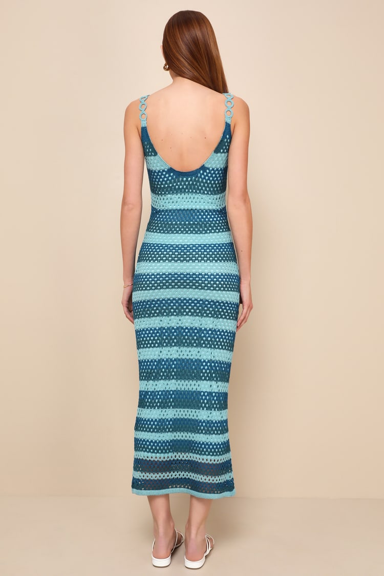 Lulus Picturesque Summer Teal Blue Striped Crochet Midi Dress - Medium