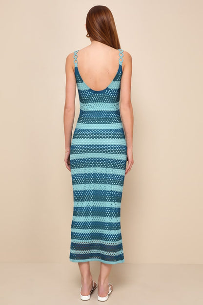Lulus Picturesque Summer Teal Blue Striped Crochet Midi Dress - Medium