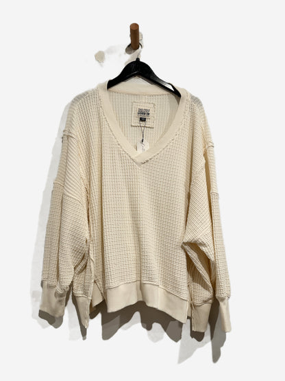 American Eagle Big Hug V-Neck Waffle Sweatshirt in Cream  - Large
