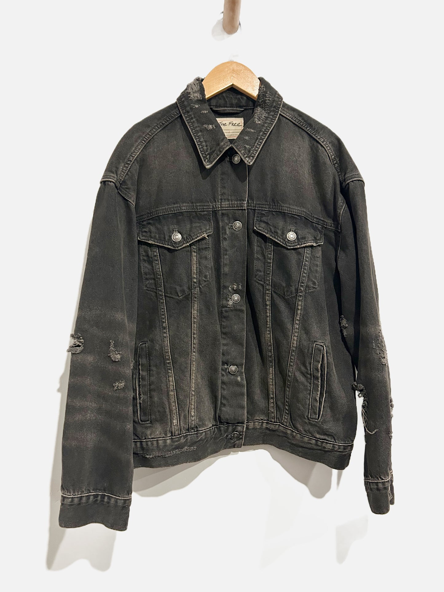Free People Black Distressed Denim Jacket - Small