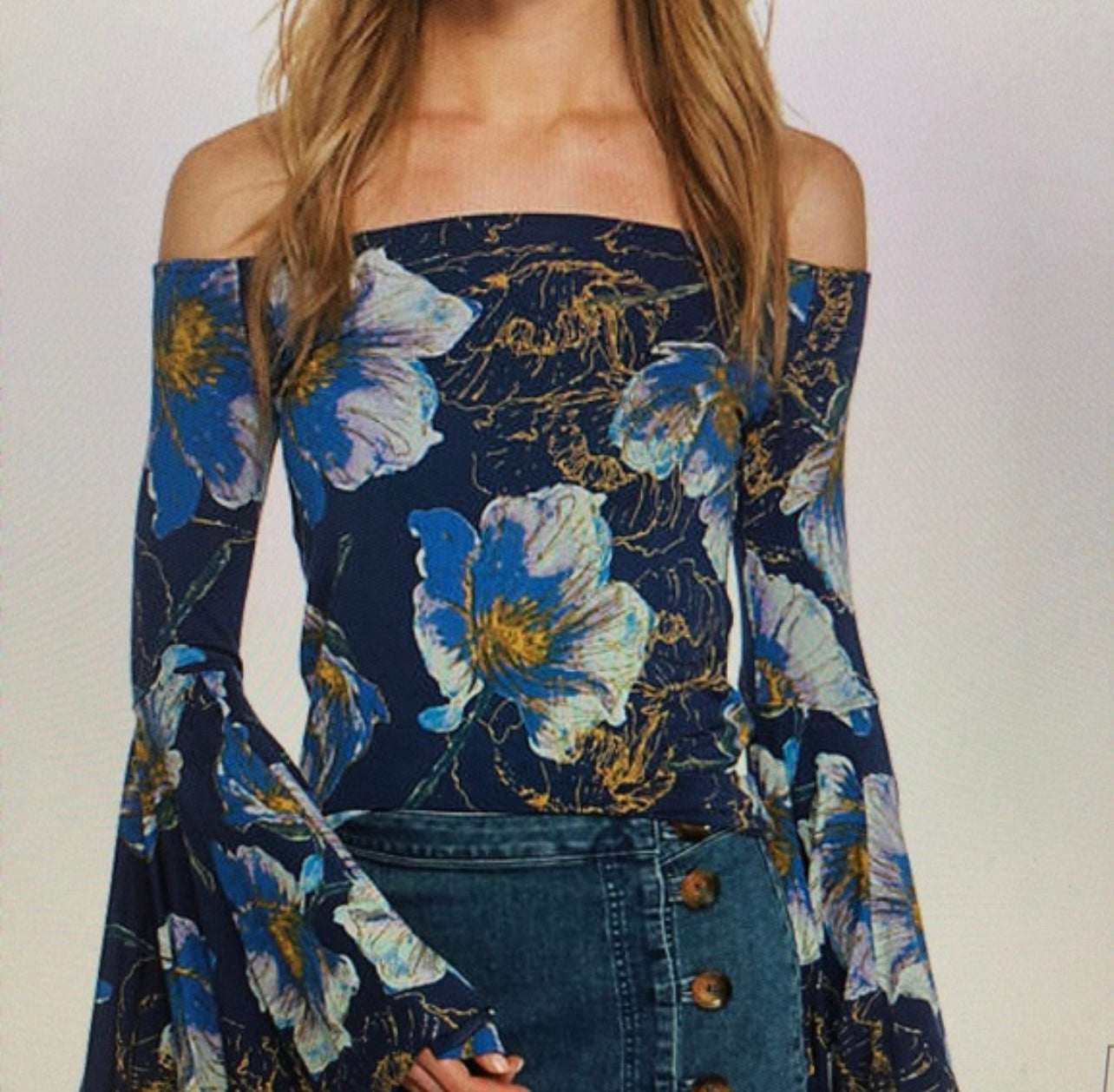 Free People Blue Floral Bell Sleeve Top - XS