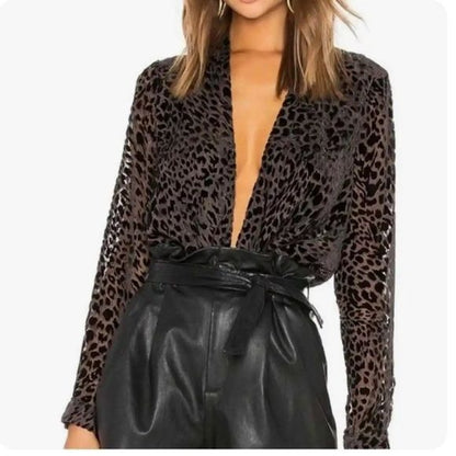 L'Agence Lydia Velvet Burnout Drape Front Leopard Print Top Size Medium