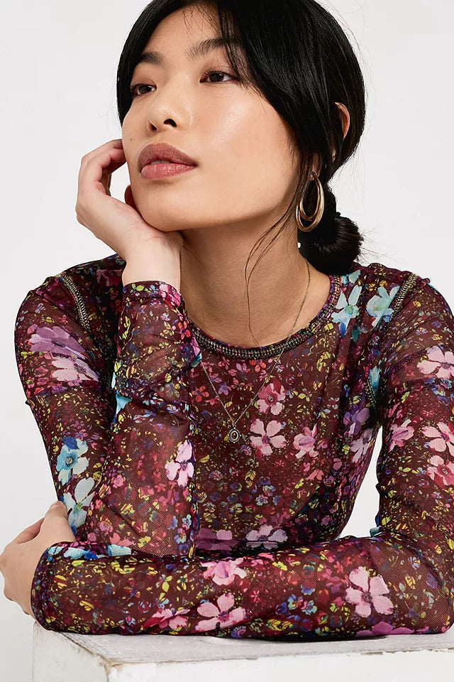 UO Out From Under Purple Sheer Floral Top - Large