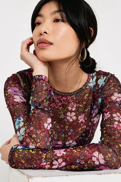 UO Out From Under Purple Sheer Floral Top - Large