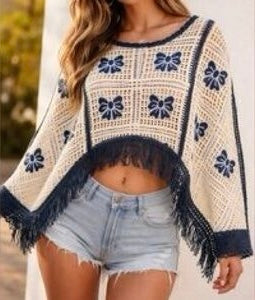 House of Harlow Blue Crochet Poncho Top - OS