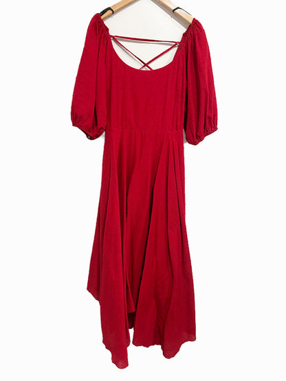 Lulus Completely Smitten Red Swiss Dot Lace-Up Puff Sleeve Midi Dress - Small