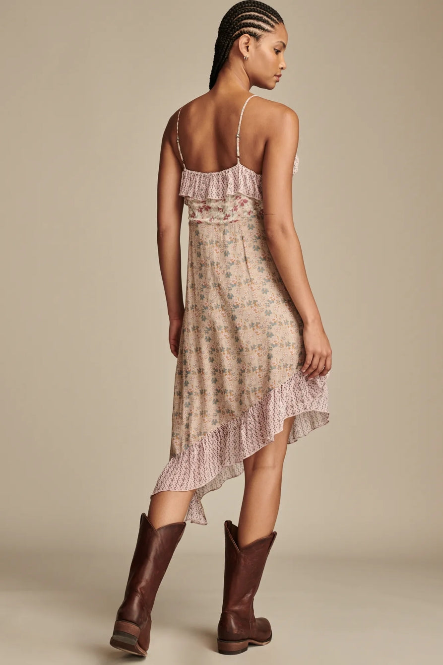 Lucky Brand Print Mix Ruffle Midi Dressing Pink Multi - XS