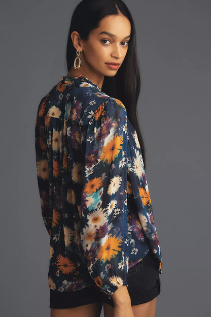 Anthropologie NWT The Estella Navy Floral Sheer Blouse - Large
