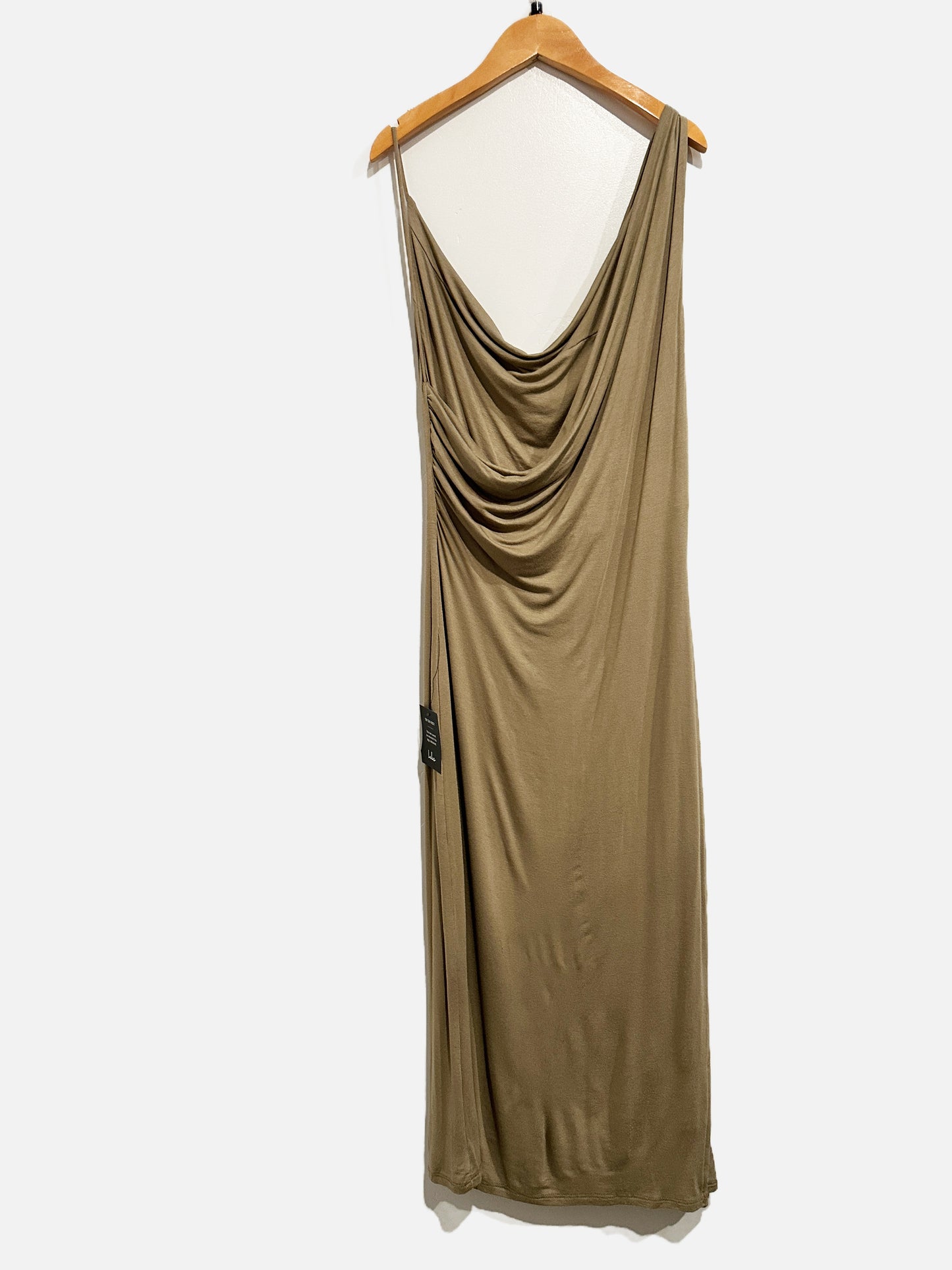 Lulus My Best Side Olive Green Asymmetrical Cowl Neck Midi Dress - Large