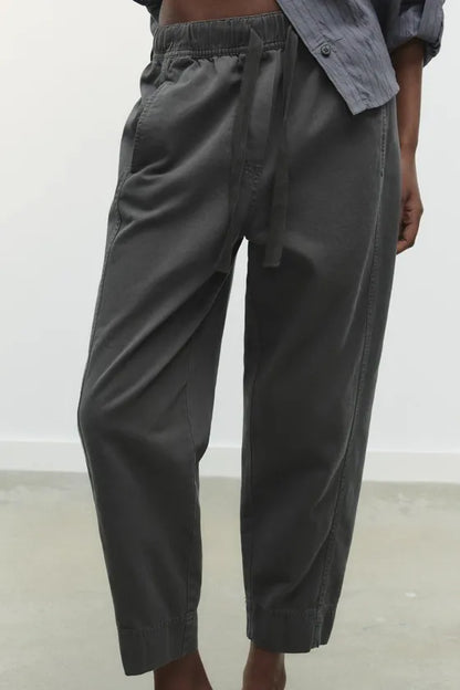 Zara Grey Cotton Trousers with Elasticated Waist - Medium
