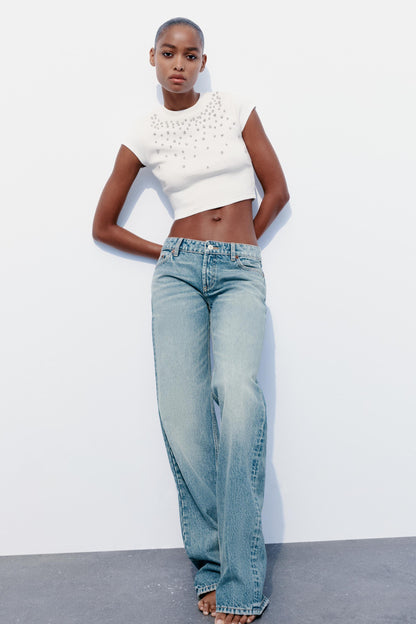 Zara NWT White Rhinestone Ribbed Crop Top - Medium