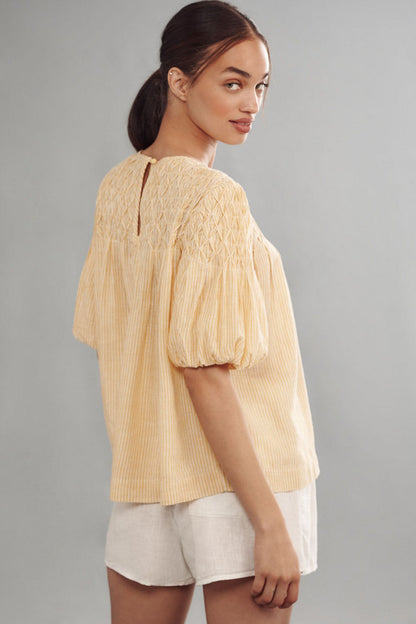 Anthropologie The Liza Puff-Sleeve Smocked Linen Top in Yellow - Medium
