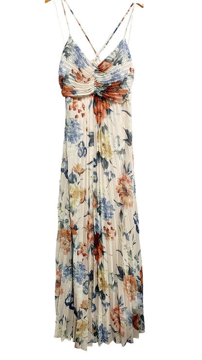Express Cream Floral Pleated Midi Dress - Small