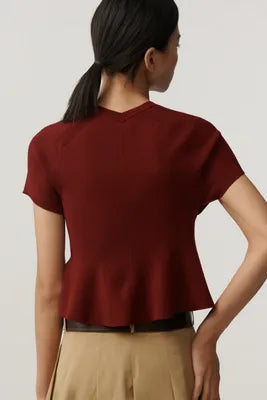 Anthropologie Maeve Short-Sleeve High-Neck Hourglass Ruffle Sweater in Wine - XL