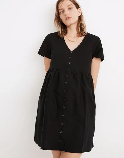 Madewell Linen-Blend Alexandra Button-Front Mini Dress in True Black - Small