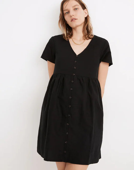 Madewell Linen-Blend Alexandra Button-Front Mini Dress in True Black - Small