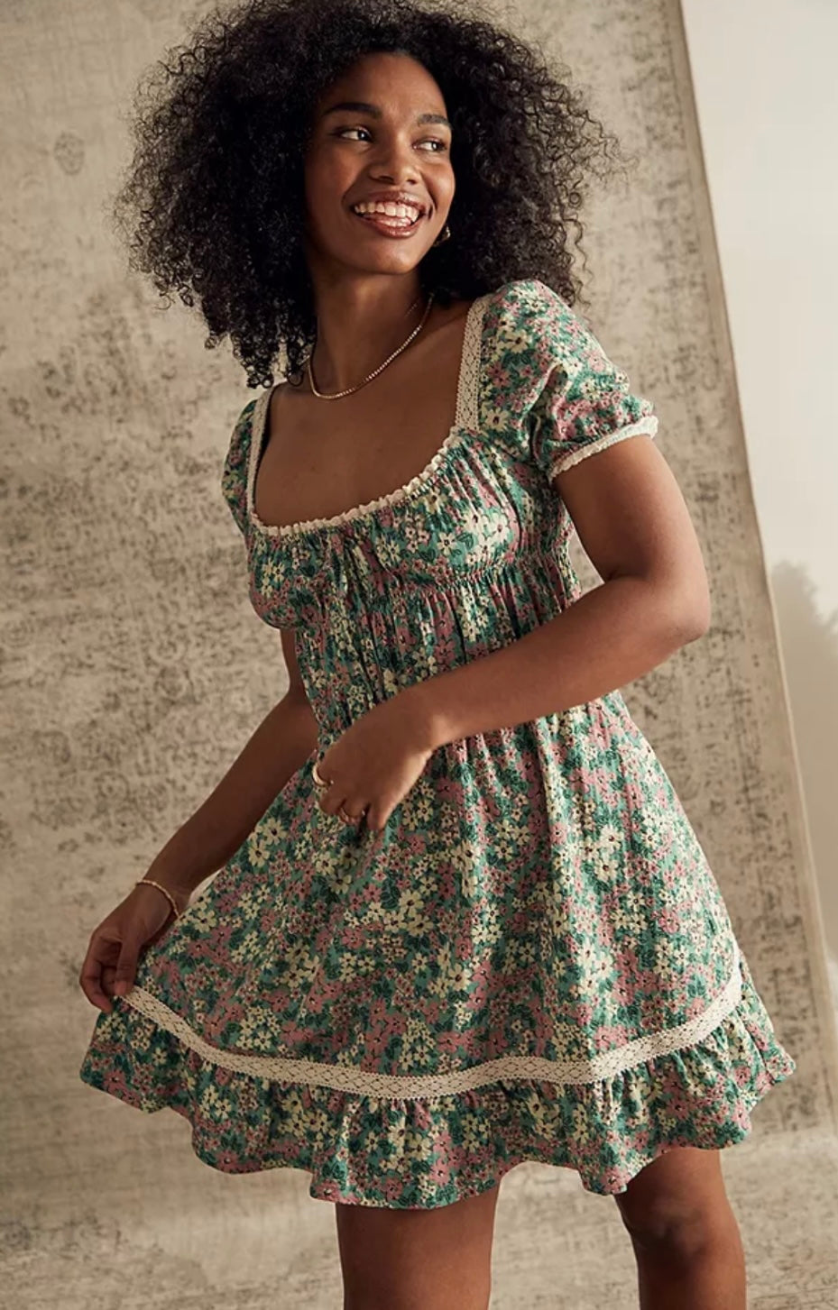 Urban Outfitters Green Floral Mini Dress - XS