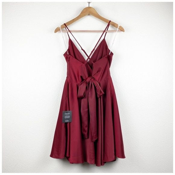 NWT Lulus Add Some Glam Wine Red Satin Tie-Back Skater Dress Size Large