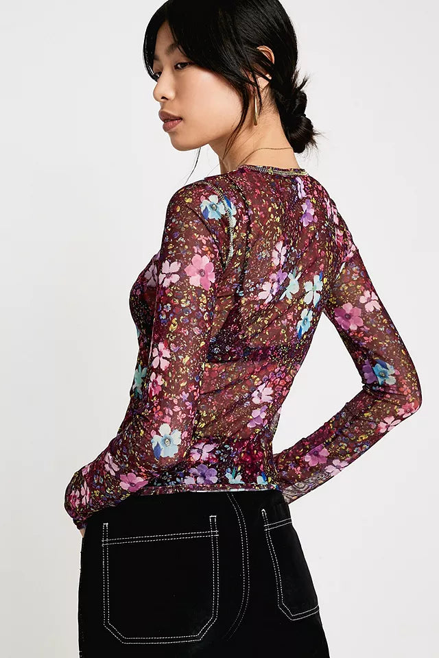 UO Out From Under Purple Sheer Floral Top - Large
