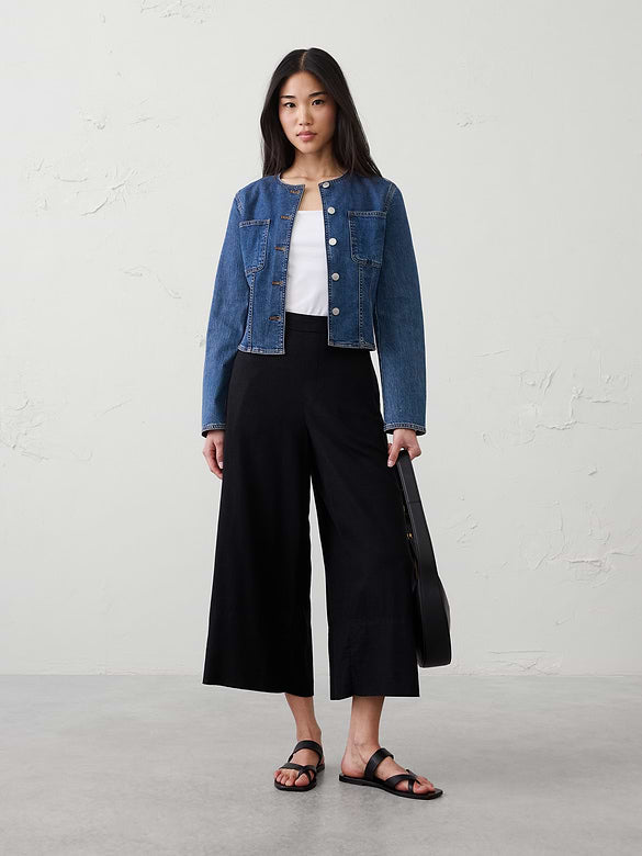 Banana Republic Anyday Wide Leg High Rise Linen Blend Cropped Pant in Black - XS