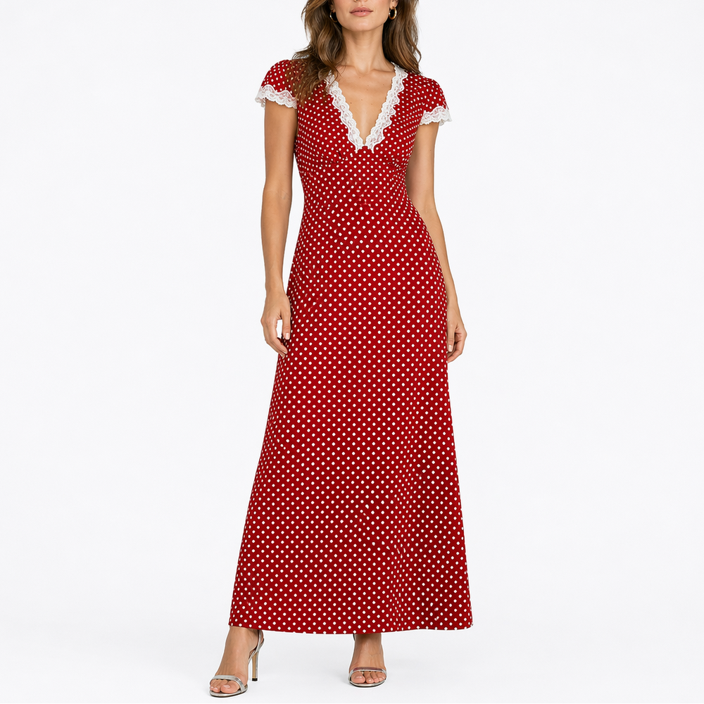 Rihoas Red Polka Dot Lace Trim Maxi Dress - Medium