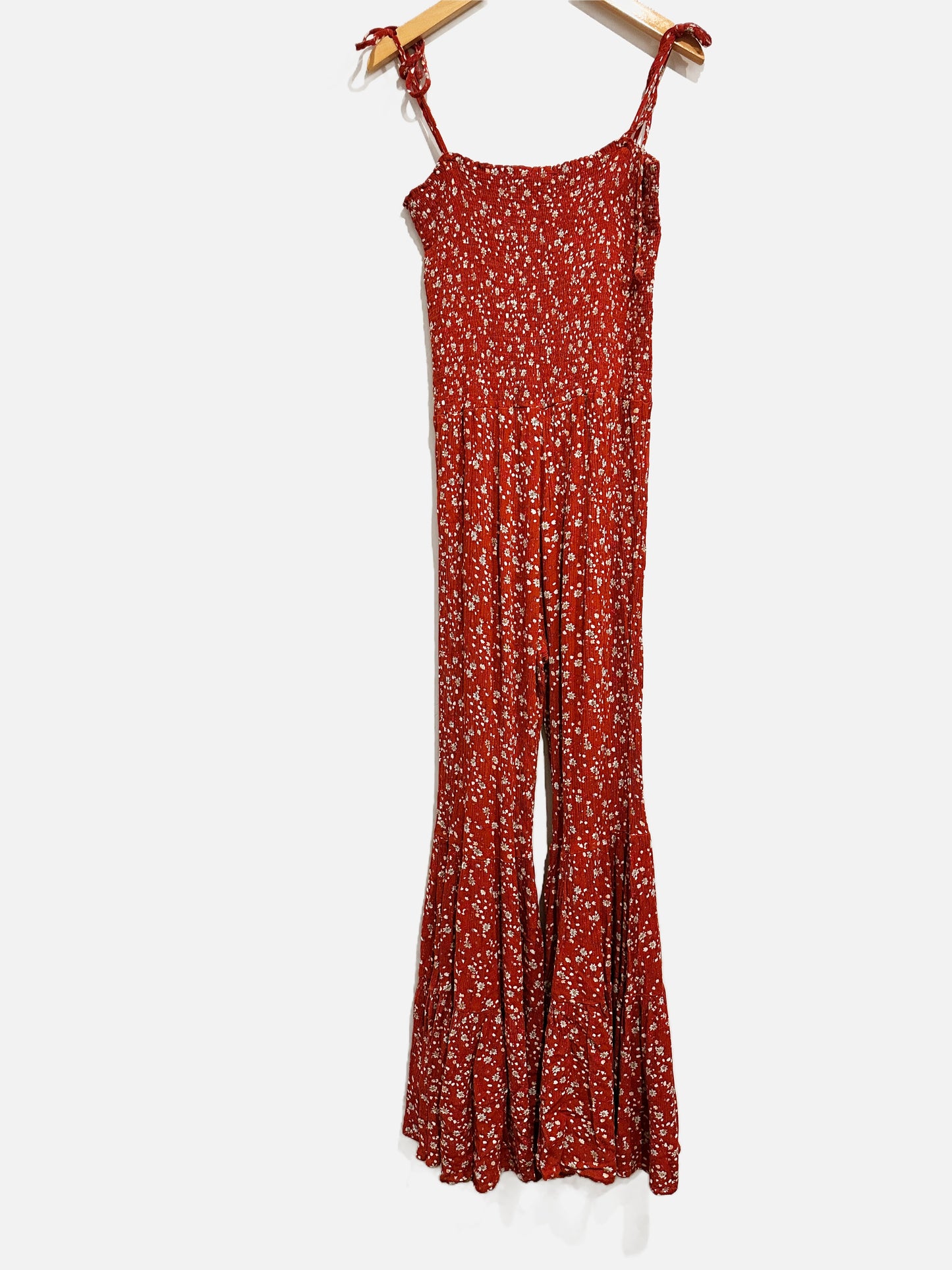 Storia Red Floral Smocked Flare Jumpsuit - Medium