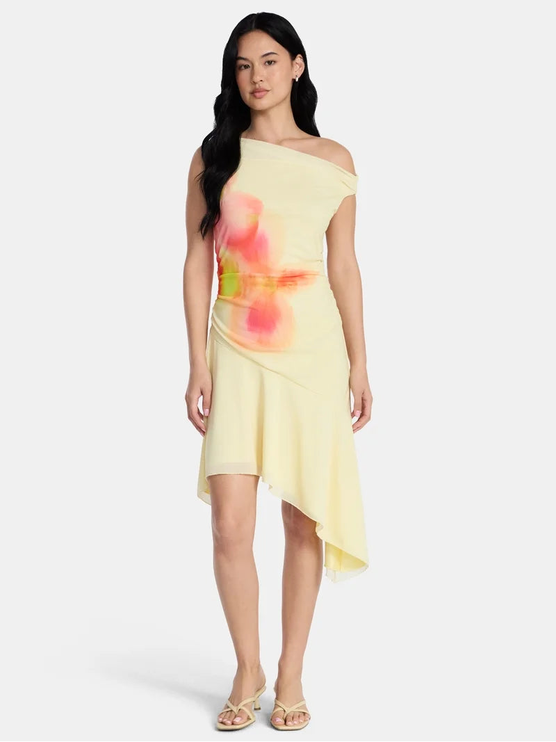 Madden NYC Yellow Floral Mesh Midi Dress - Small