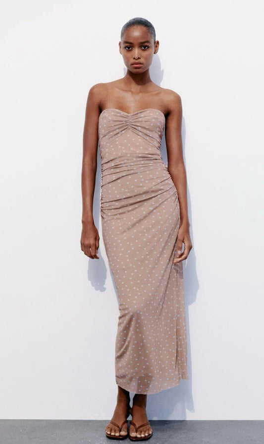 Zara Brown Mesh Polka Dot Strapless Dress - Small