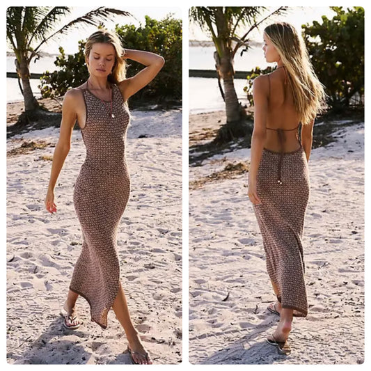 Free People Beach Mindi Backless Brown Knit Midi Halter Dress - XS