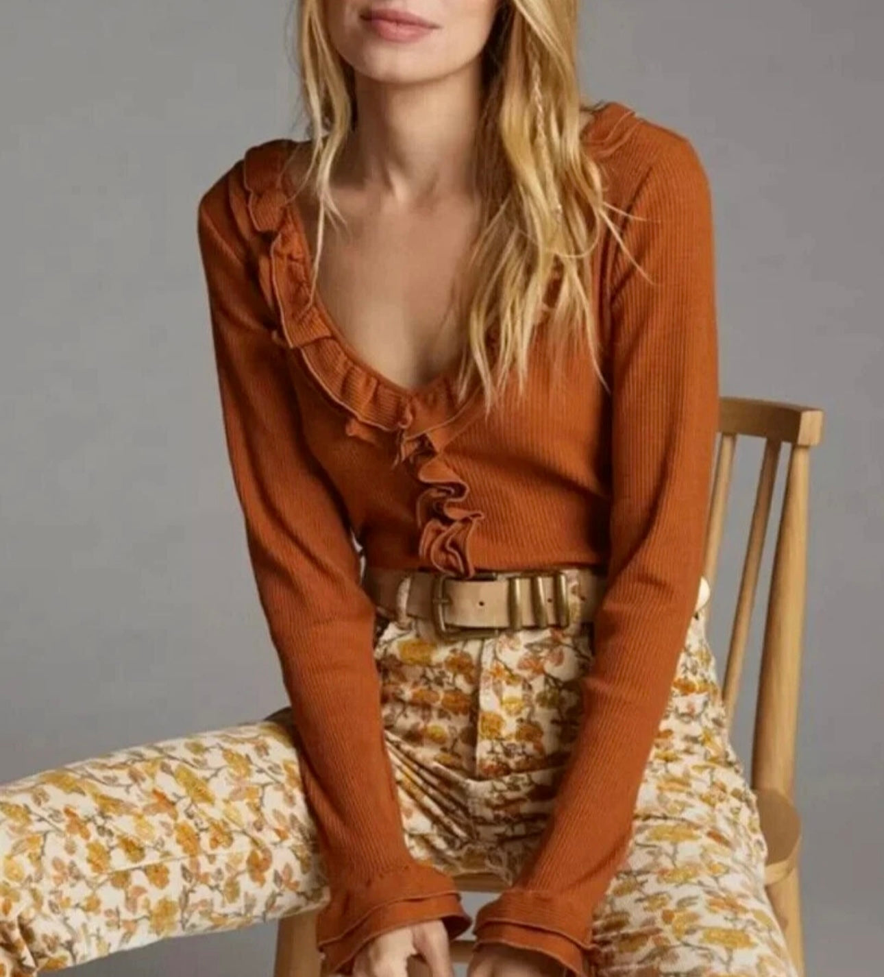 Anthropologie Maeve Brown Ruffle Long Sleeve- XL
