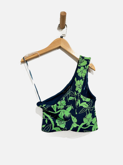 Zara Navy and Green Floral One Shoulder Tank - Small