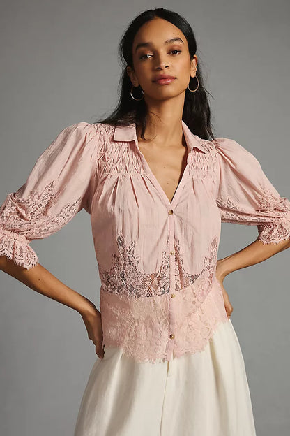 Anthropologie Victorian Sheer Lace Blouse in Pink - Medium
