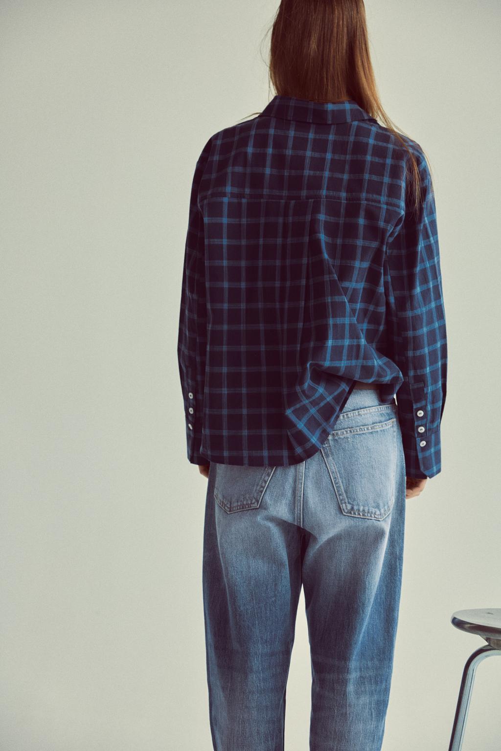 Zara Blue Plaid Check Poplin Shirt - Large