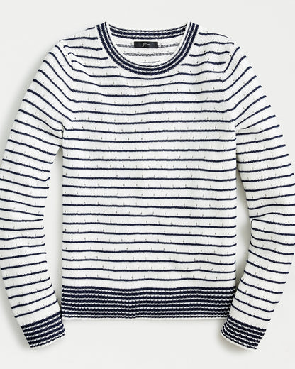 J.Crew White & Navy Stripe Pointelle Crewneck Sweater - Large